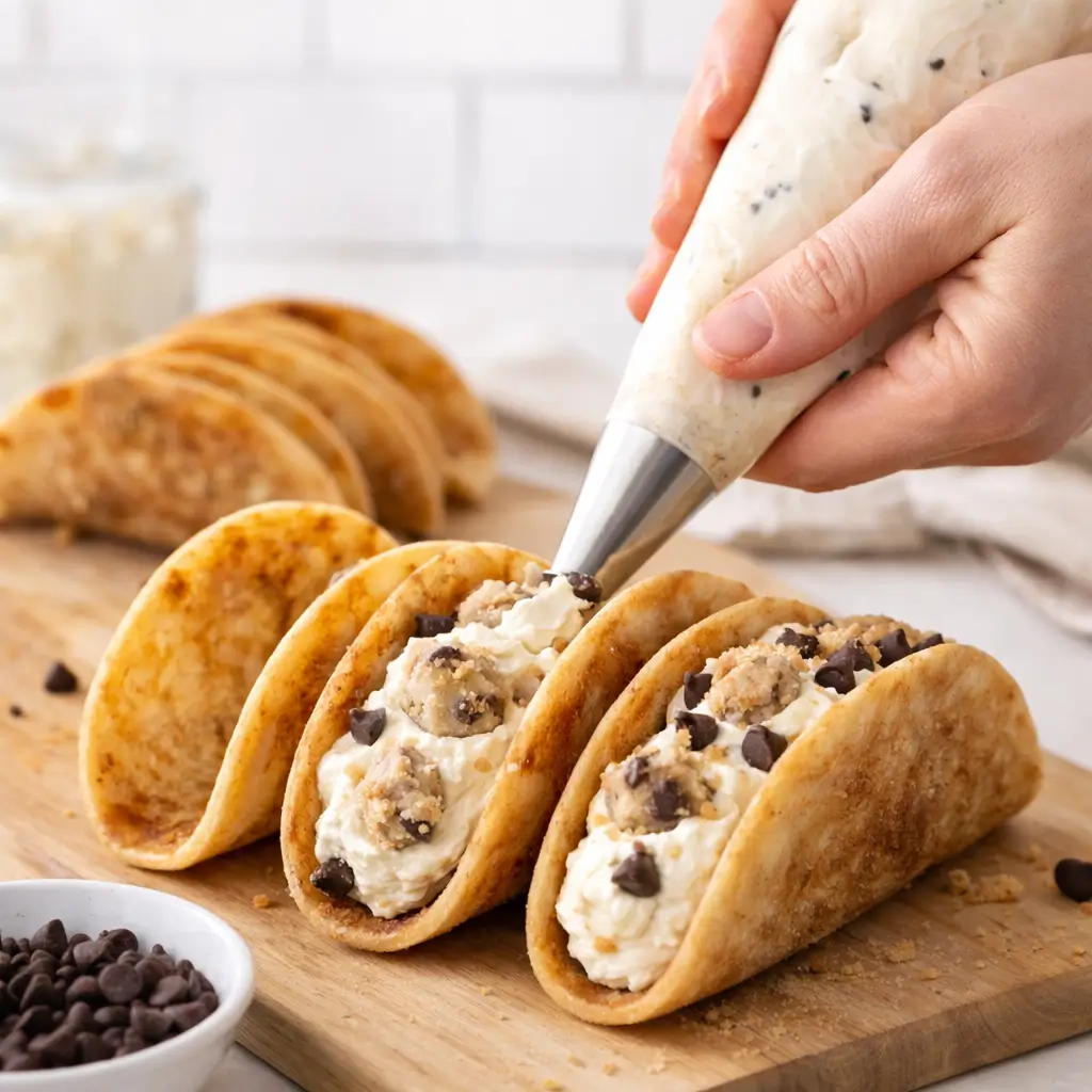 assembling cheesecake cookie dough tacos