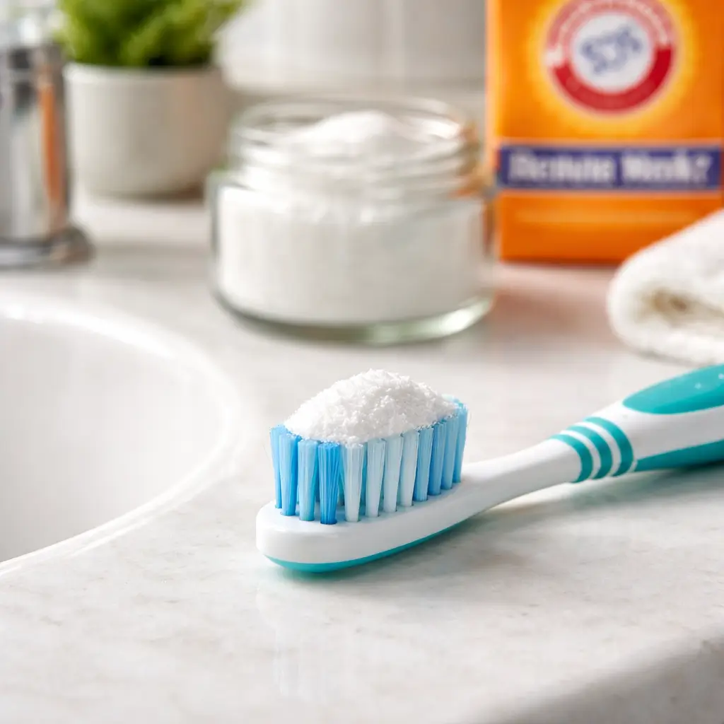 Toothbrush with baking soda used for natural teeth whitening.