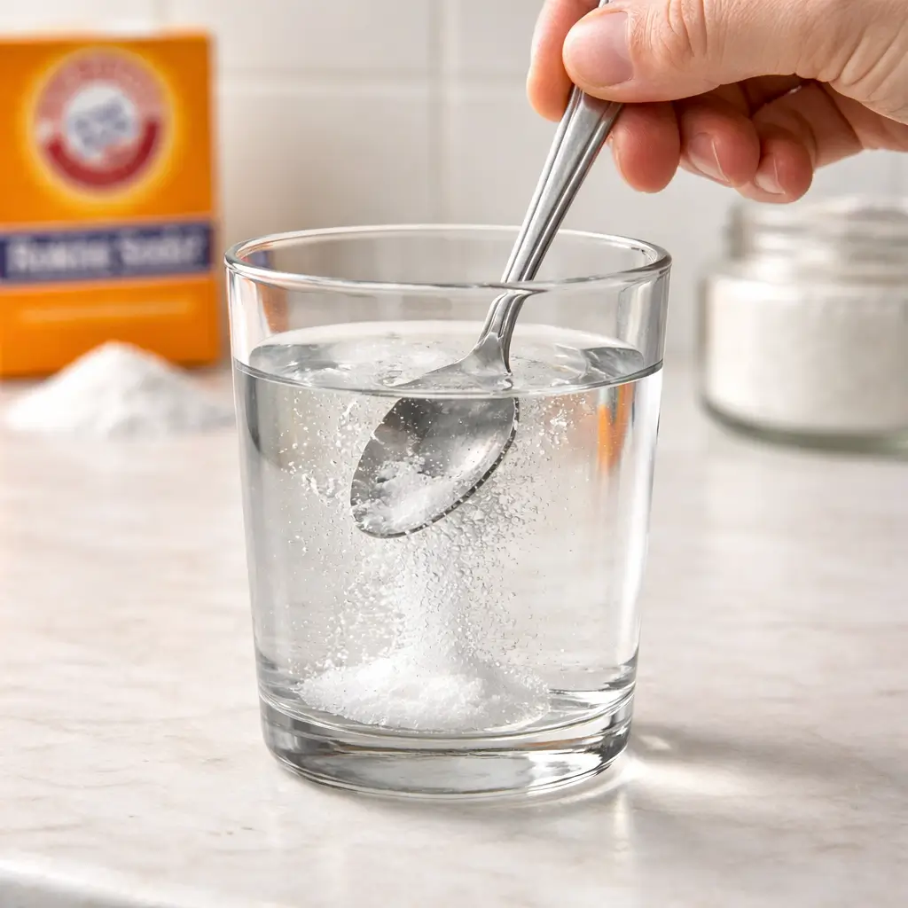 Glass of water mixed with baking soda showing fizz reaction.