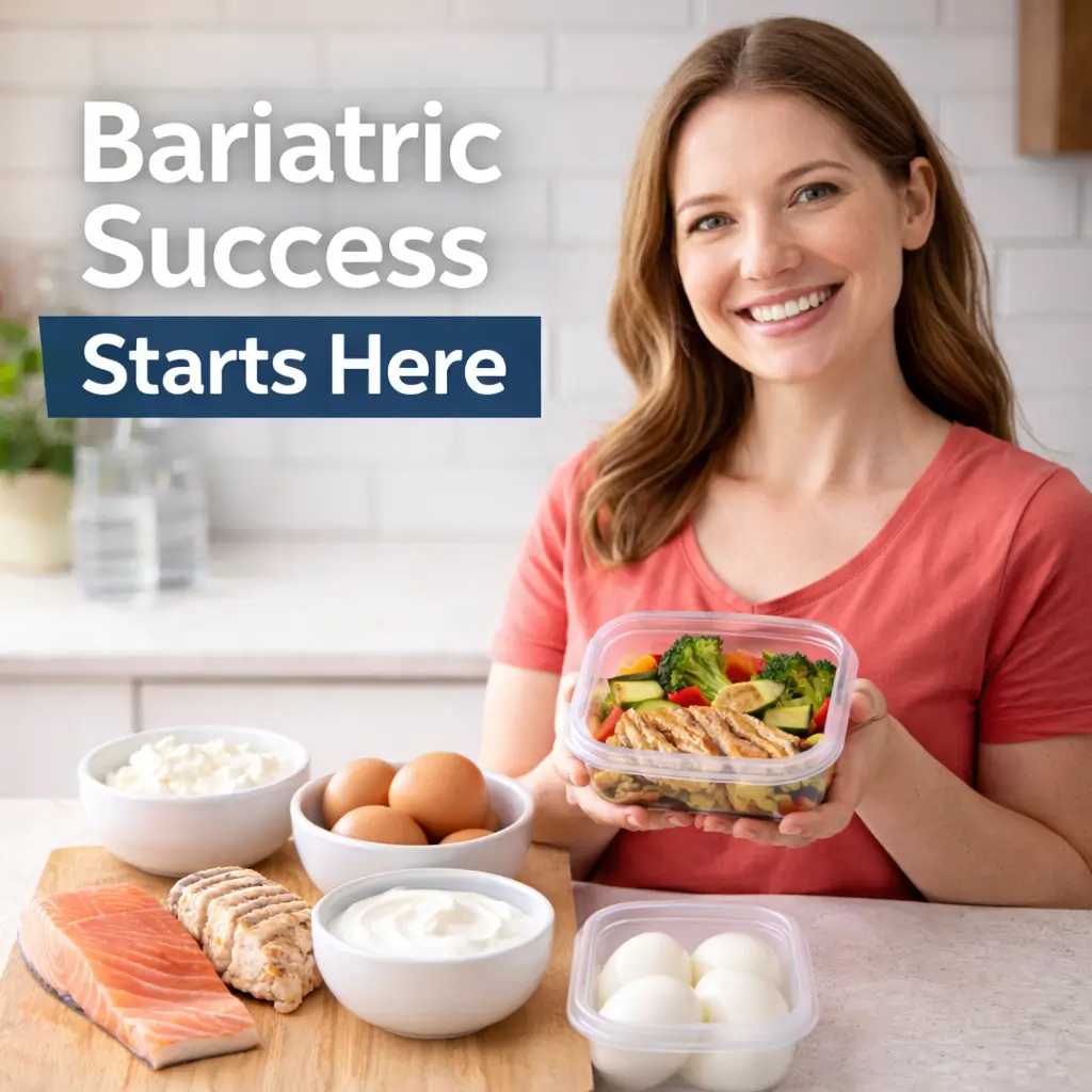 Woman holding a small bariatric meal with high-protein foods arranged on a kitchen counter