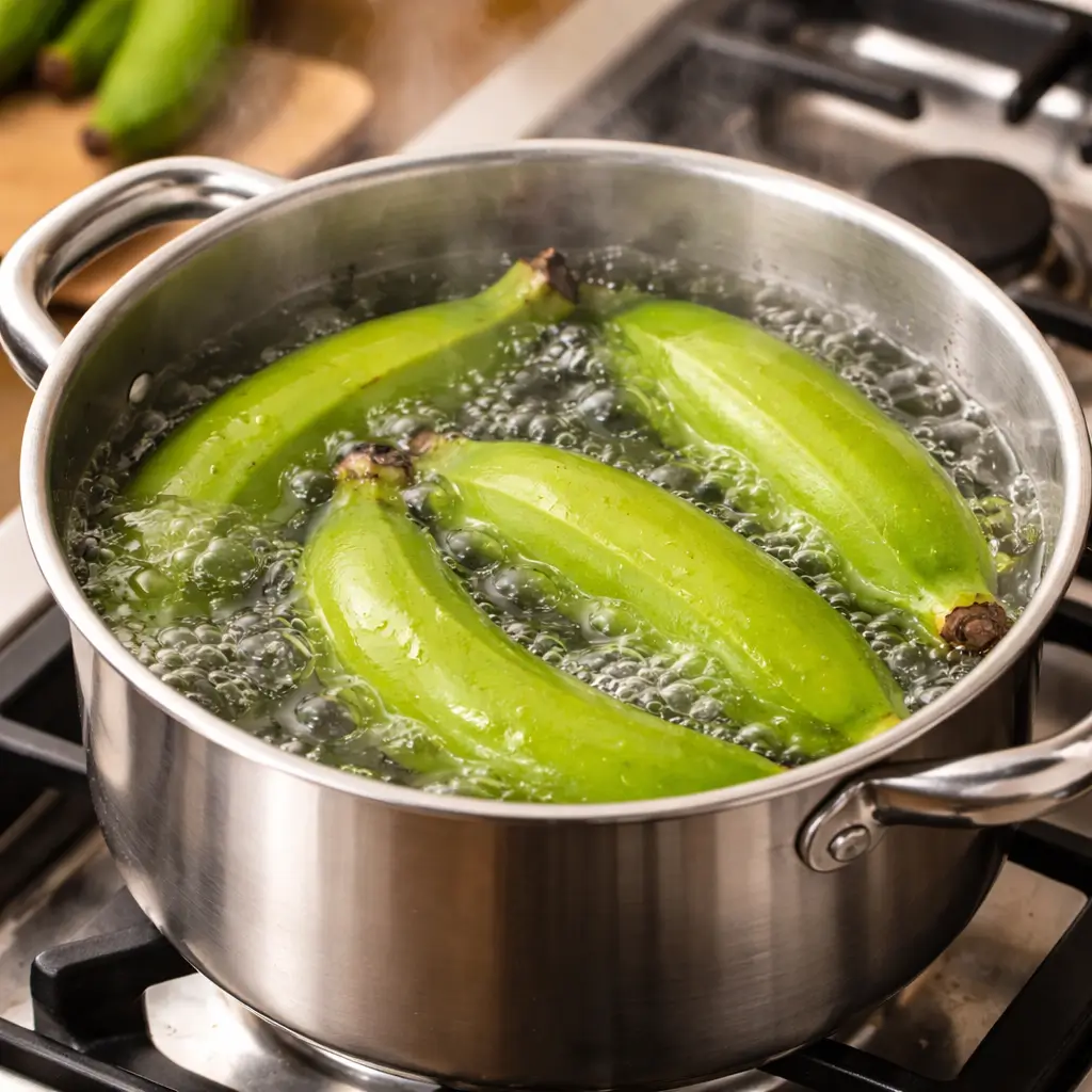 green banana recipe for weight loss Boiling green bananas in a pot on stove
