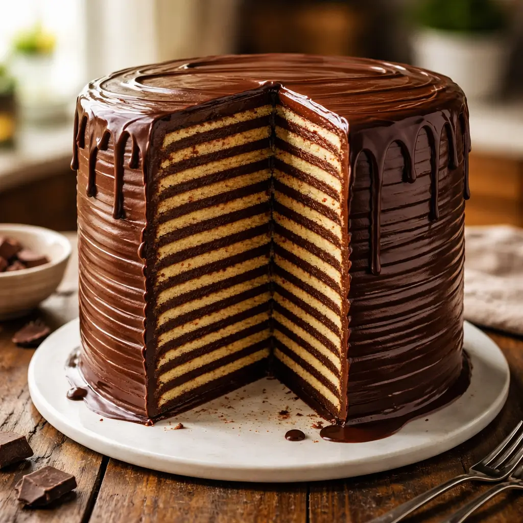 Tall multi layer Smith Island chocolate cake with thin layers and glossy frosting