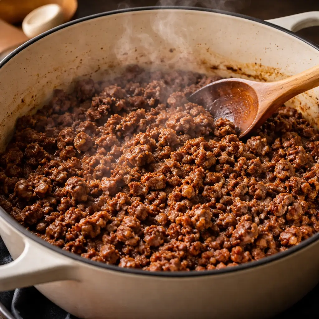 Browning ground beef for deeper chili flavor
