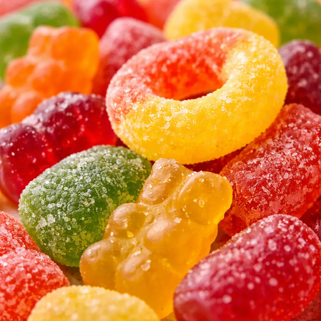 do jolly ranchers have gelatin Close up of chewy gummy candies that may contain gelatin
