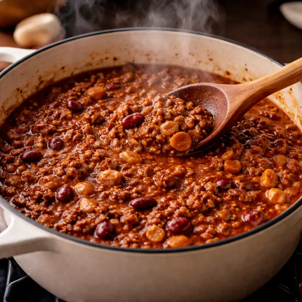 Chili simmering to develop flavor and thickness