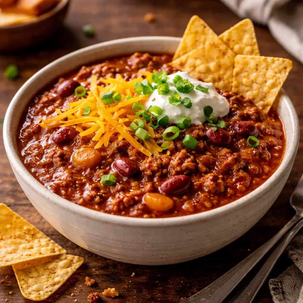 Bowl of chili with classic toppings