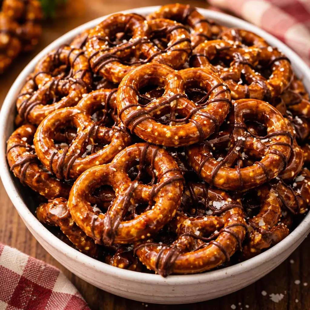 Glossy church lady butter toffee pretzels with chocolate drizzle in rustic bowl