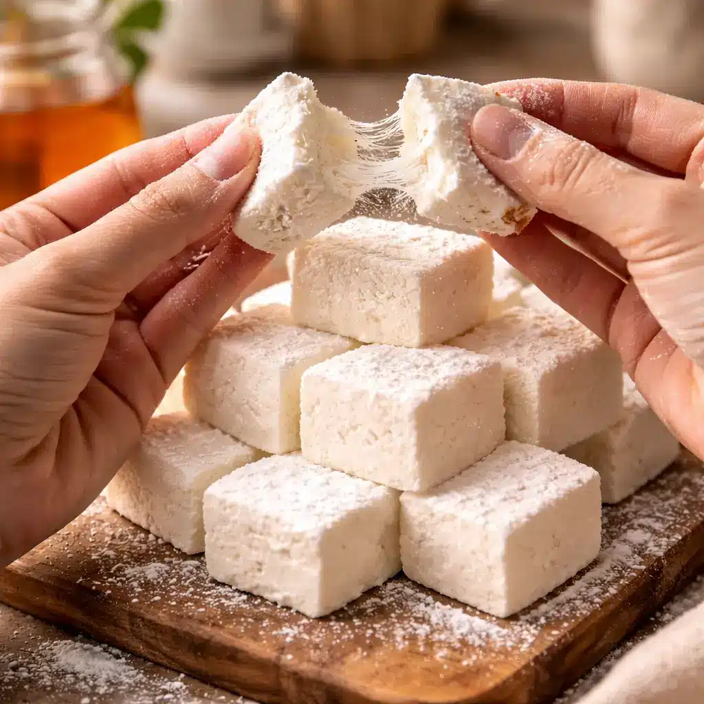Fluffy homemade collagen marshmallows stacked and pulled apart showing soft airy texture