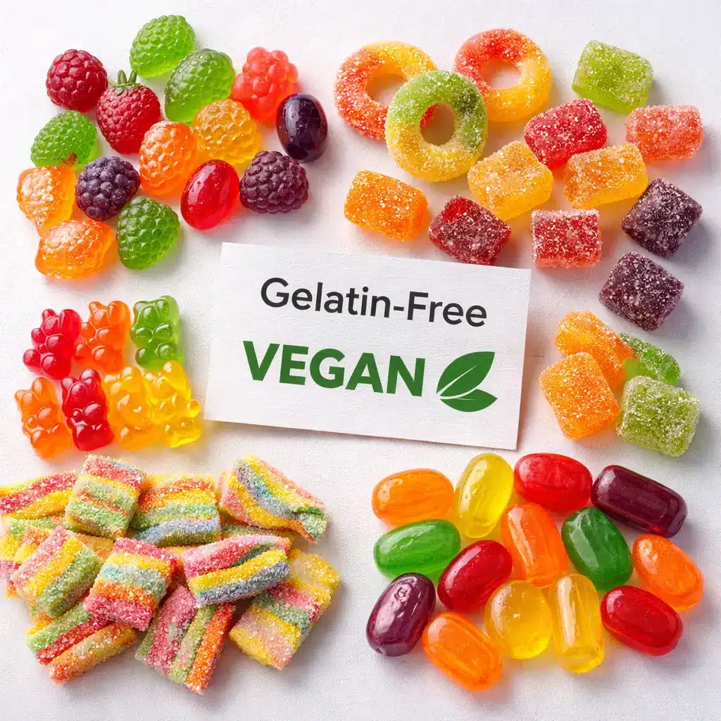 Assorted gelatin-free fruit candies suitable for vegetarians and vegans