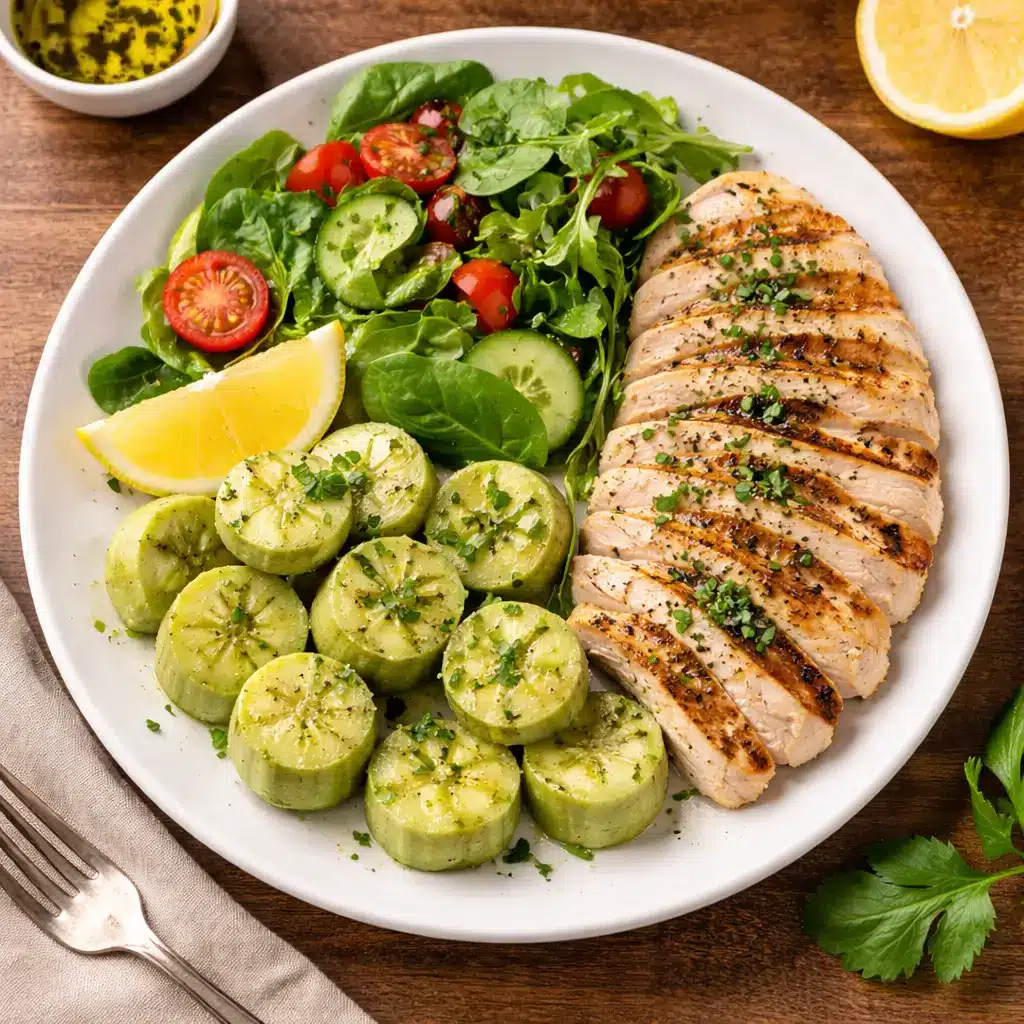 Balanced meal with green bananas and grilled chicken
