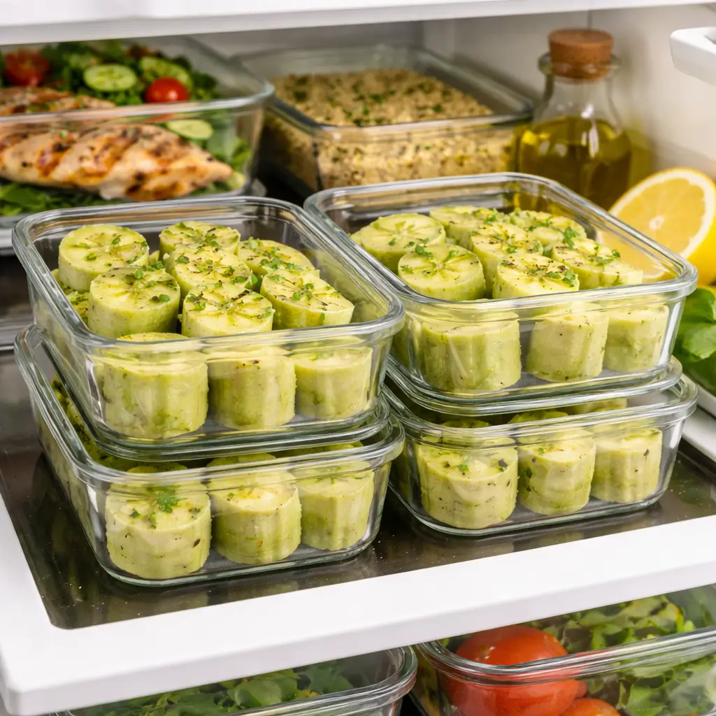 Meal prep containers with cooked green bananas