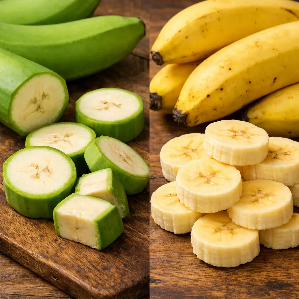 Comparison of green and ripe bananas showing texture differences