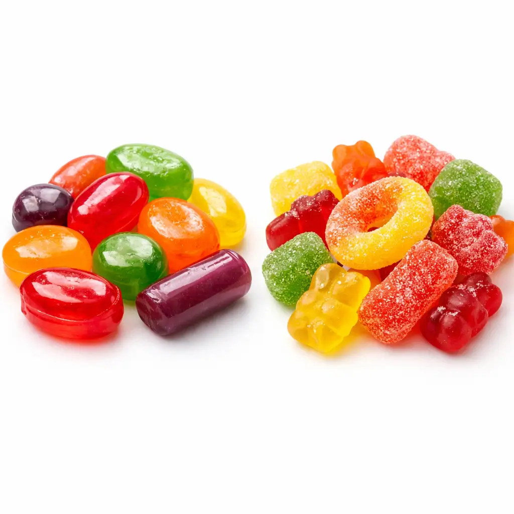 Comparison of hard candy and gummy candy textures to show ingredient differences