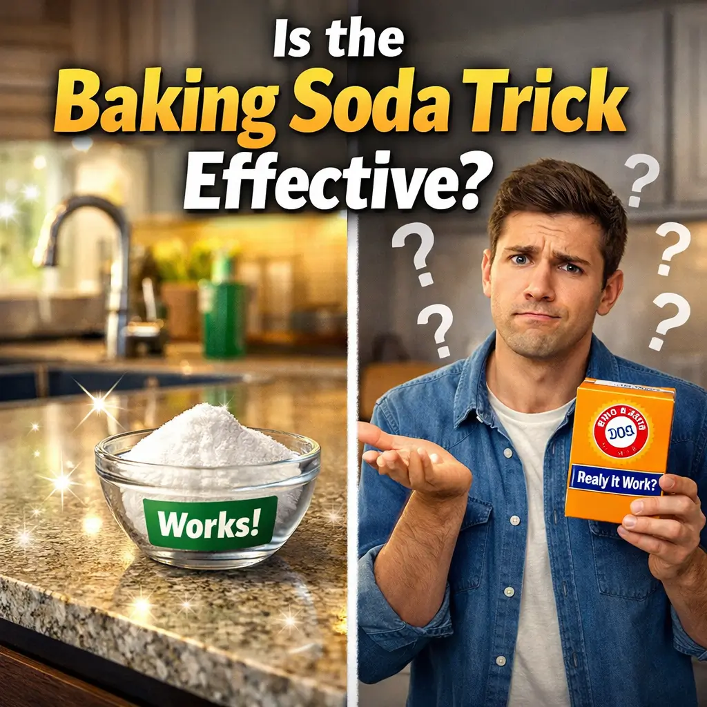 is the baking soda trick effective Split screen image showing baking soda cleaning success on one side and a confused person questioning its effectiveness on the other.