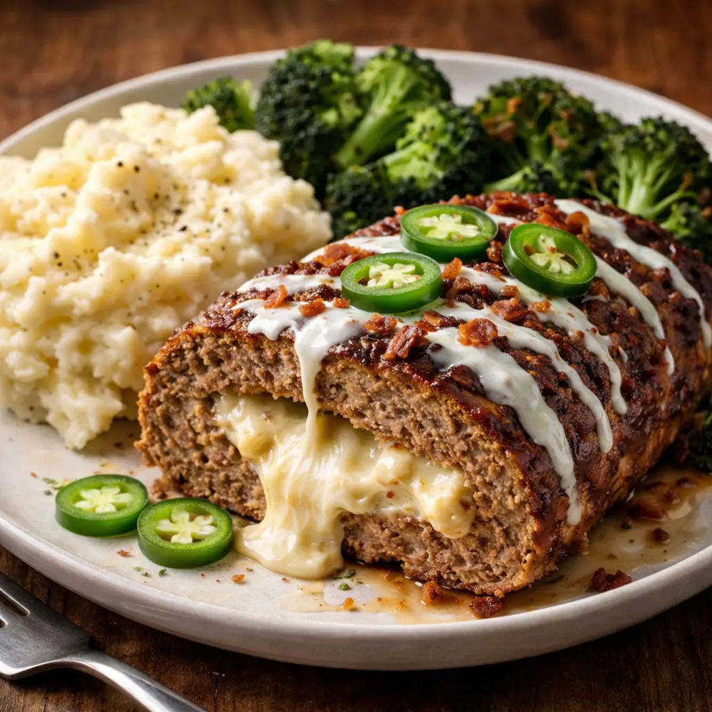 smoky jalapeno popper meatloaf with ranch drizzle served with mashed potatoes and roasted broccoli