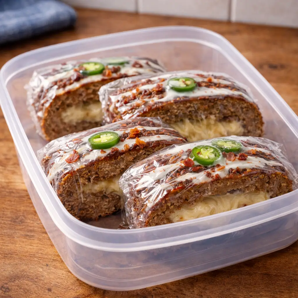Wrapped slices of meatloaf prepared for freezing
