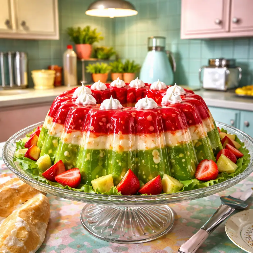 Colorful 1960s retro Jello ring mold centerpiece on vintage cake stand