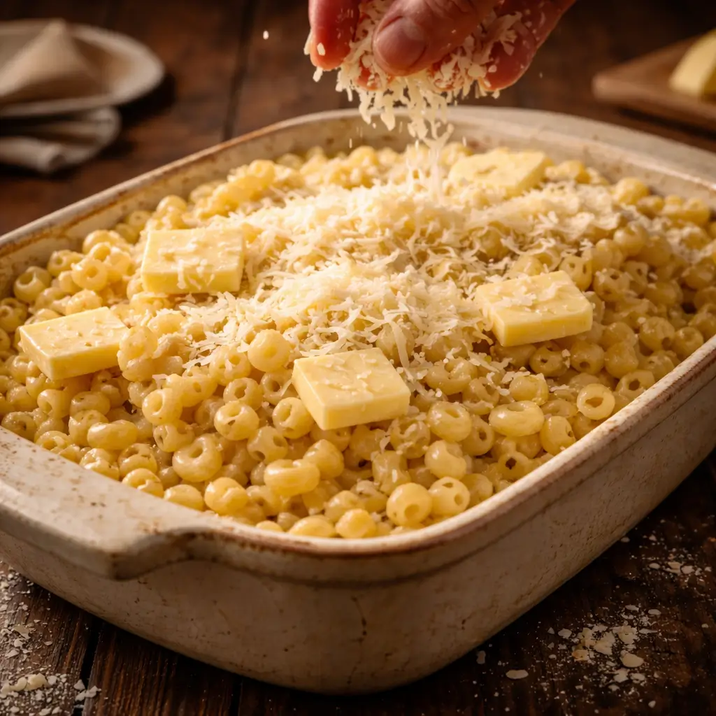 Layering macaroni and cheese in a baking dish for Thomas Jefferson mac and cheese
