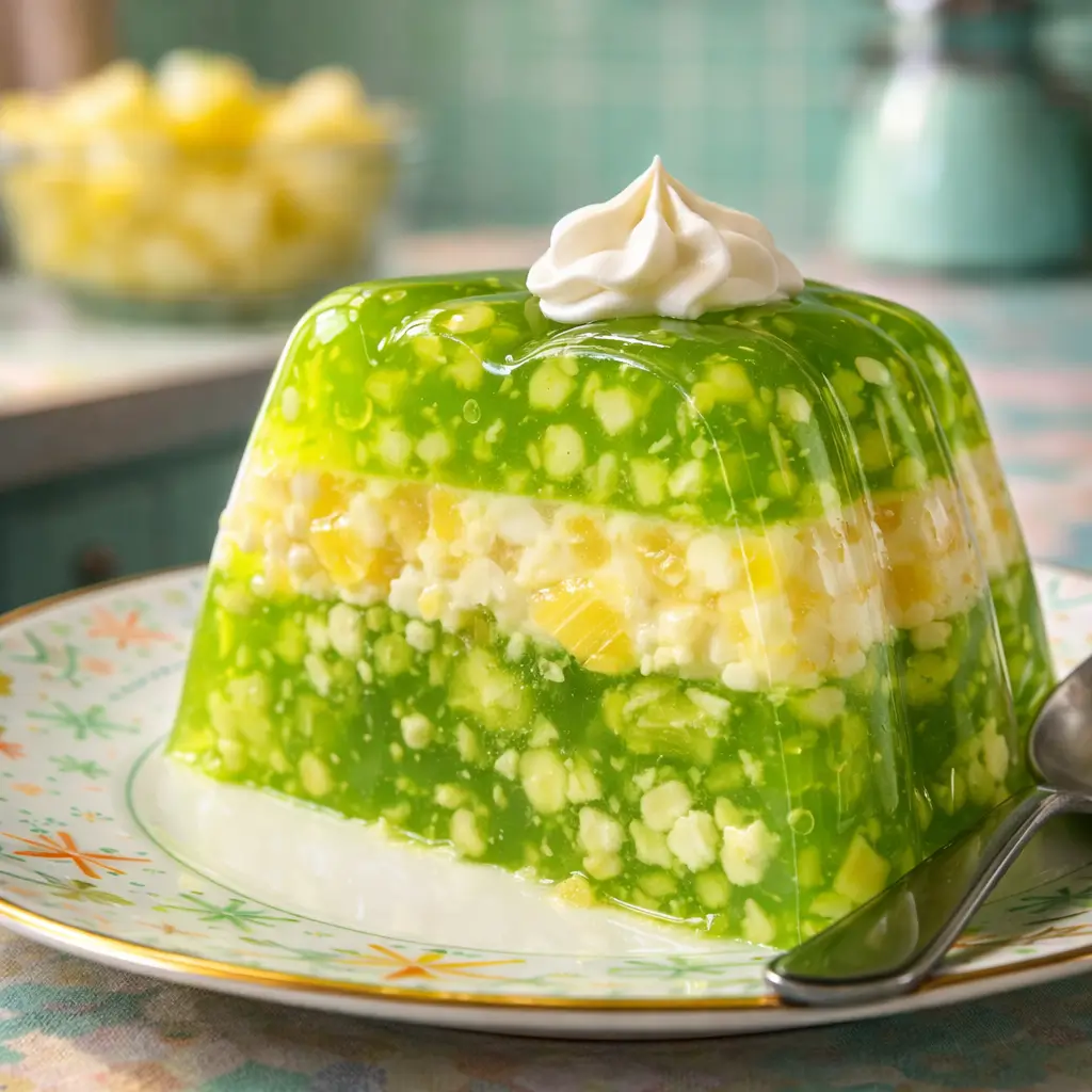 Slice of creamy lime fruit Jello mold with pineapple