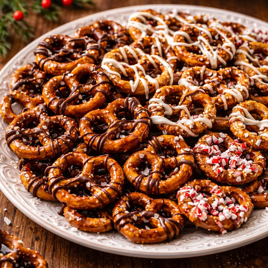 Different flavor variations of butter toffee pretzels on platter