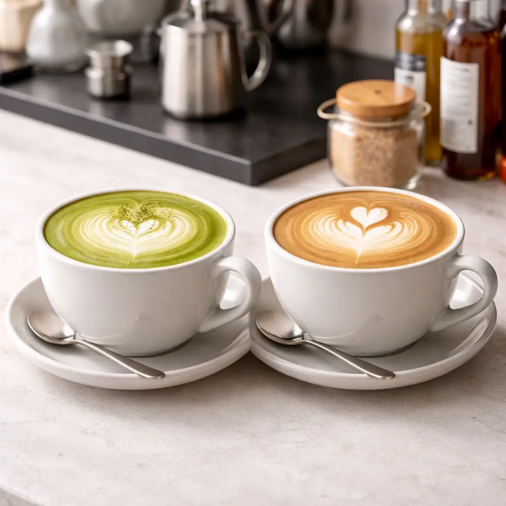 matcha latte next to coffee latte in cafe