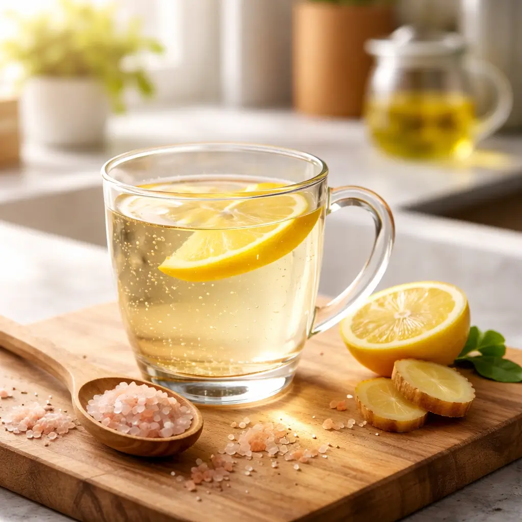 Warm lemon water with pink Himalayan salt in a bright kitchen