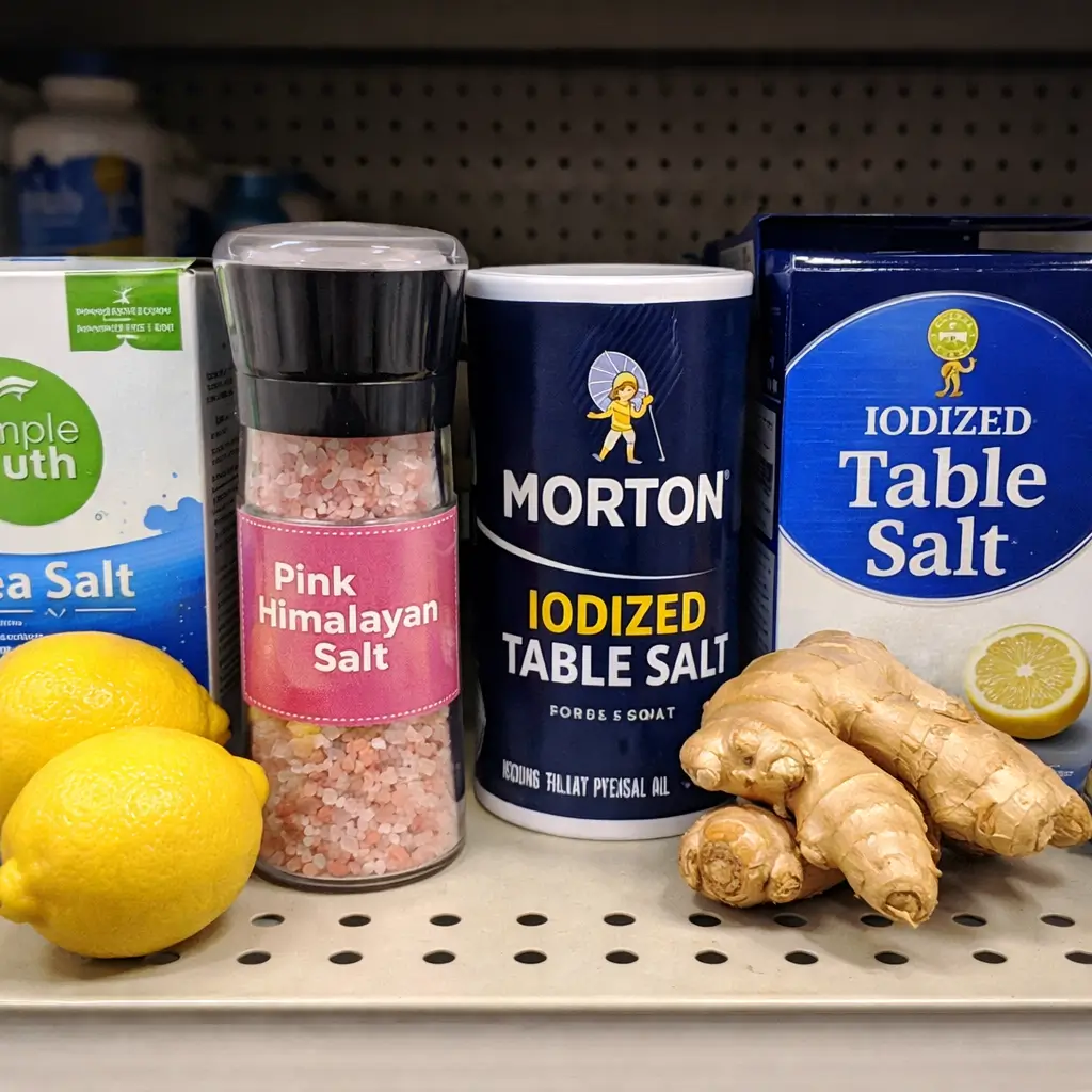 Pink Himalayan salt and table salt options in U.S. grocery store