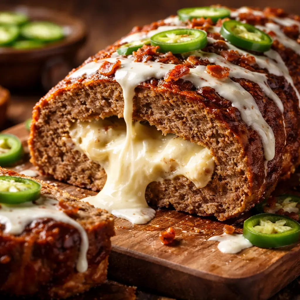 Sliced smoky jalapeno popper meatloaf with creamy cheese center and ranch drizzle
