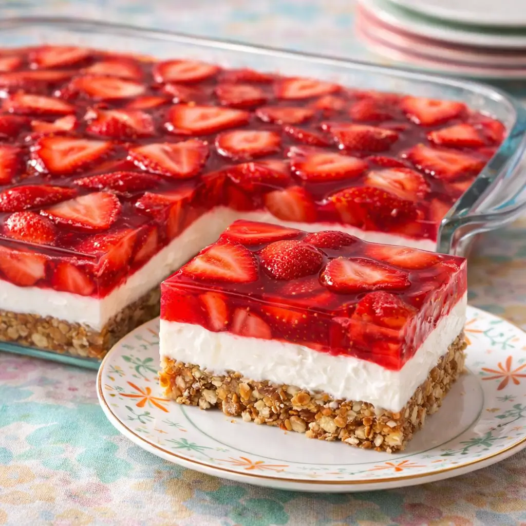 jello mold recipes 1960s Layered strawberry gelatin dessert with pretzel crust