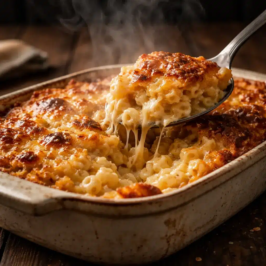 Golden baked Thomas Jefferson mac and cheese with crispy top and creamy layers