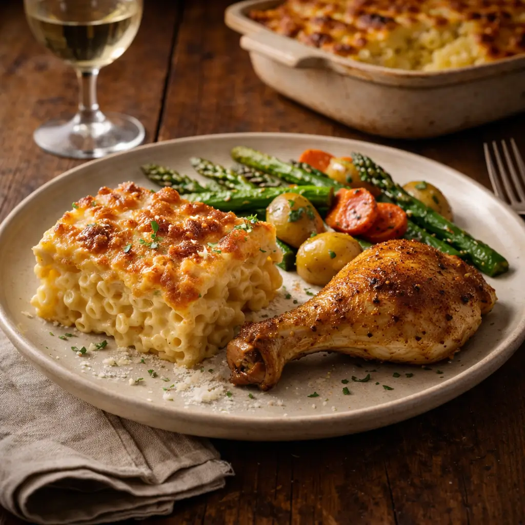 Thomas Jefferson mac and cheese served with roasted chicken and vegetables