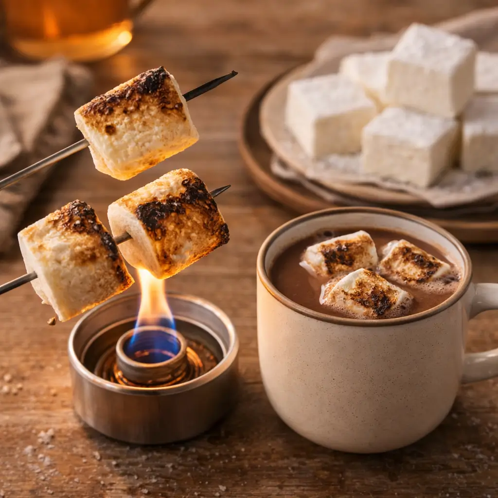 Toasted collagen marshmallows served with hot cocoa