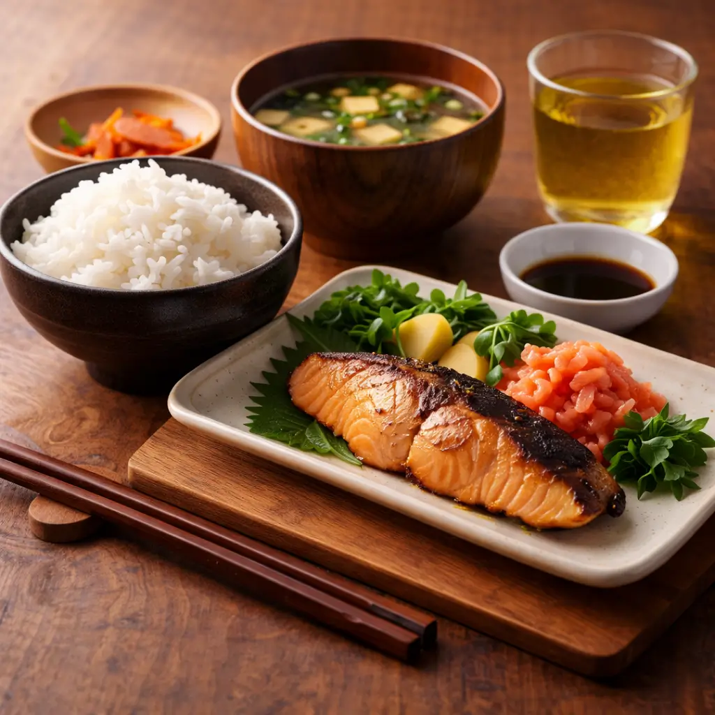 Traditional Japanese breakfast with rice, fish, and miso soup