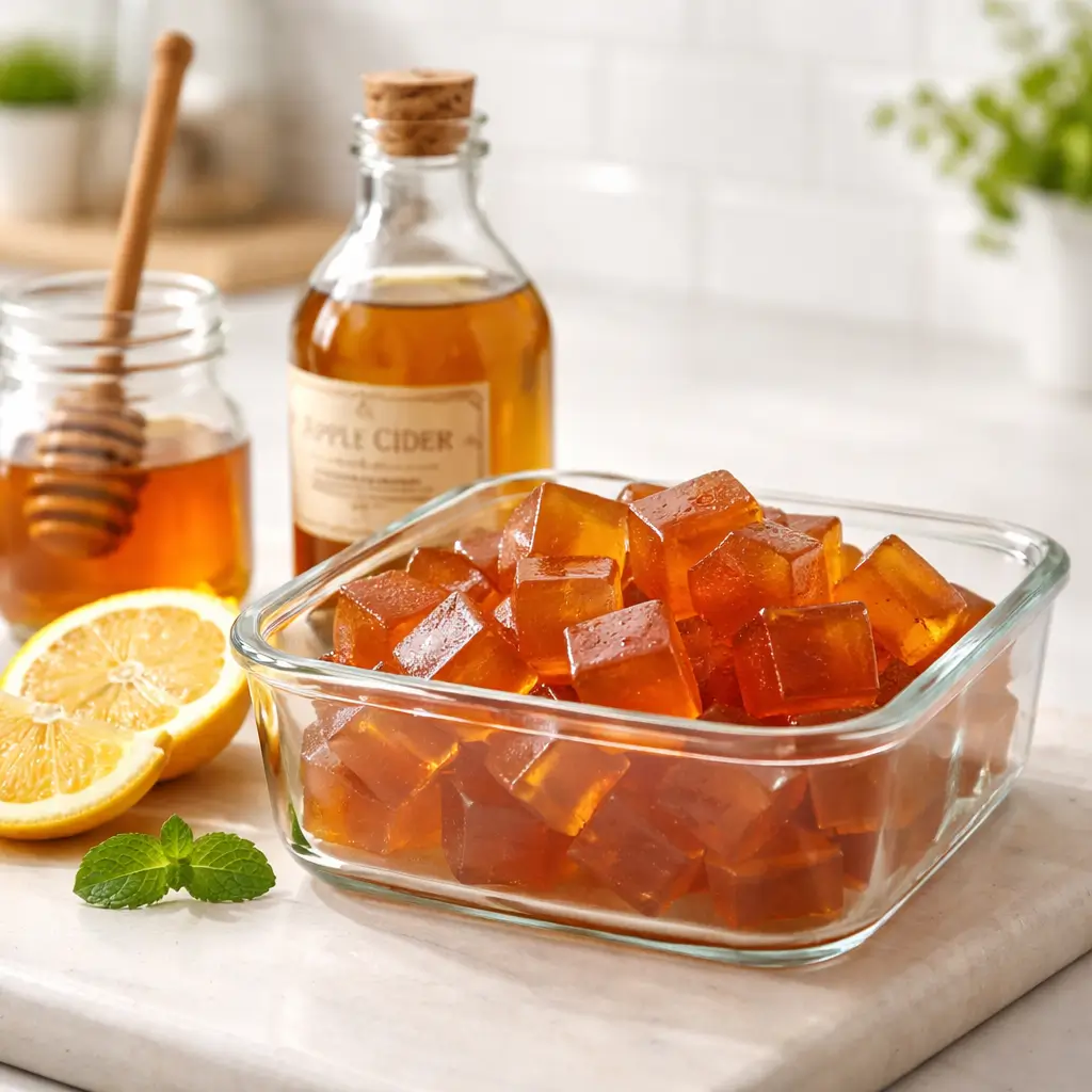 apple cider vinegar gelatin cubes prepared as a light weight loss snack