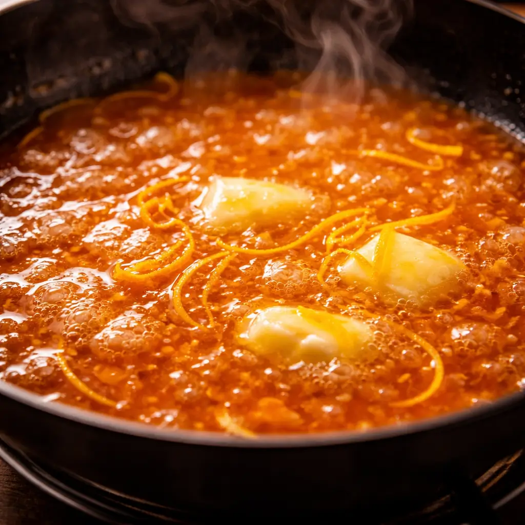 Julia Child Beurre Crêpes Suzette Recipe Beurre Suzette sauce simmering with orange and butter