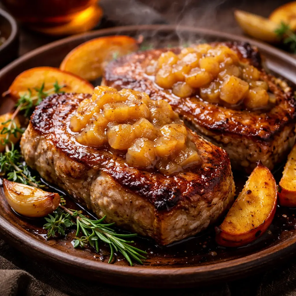 Juicy pork chops served with homemade applesauce in Bobby Flay pork chops and applesauce recipe