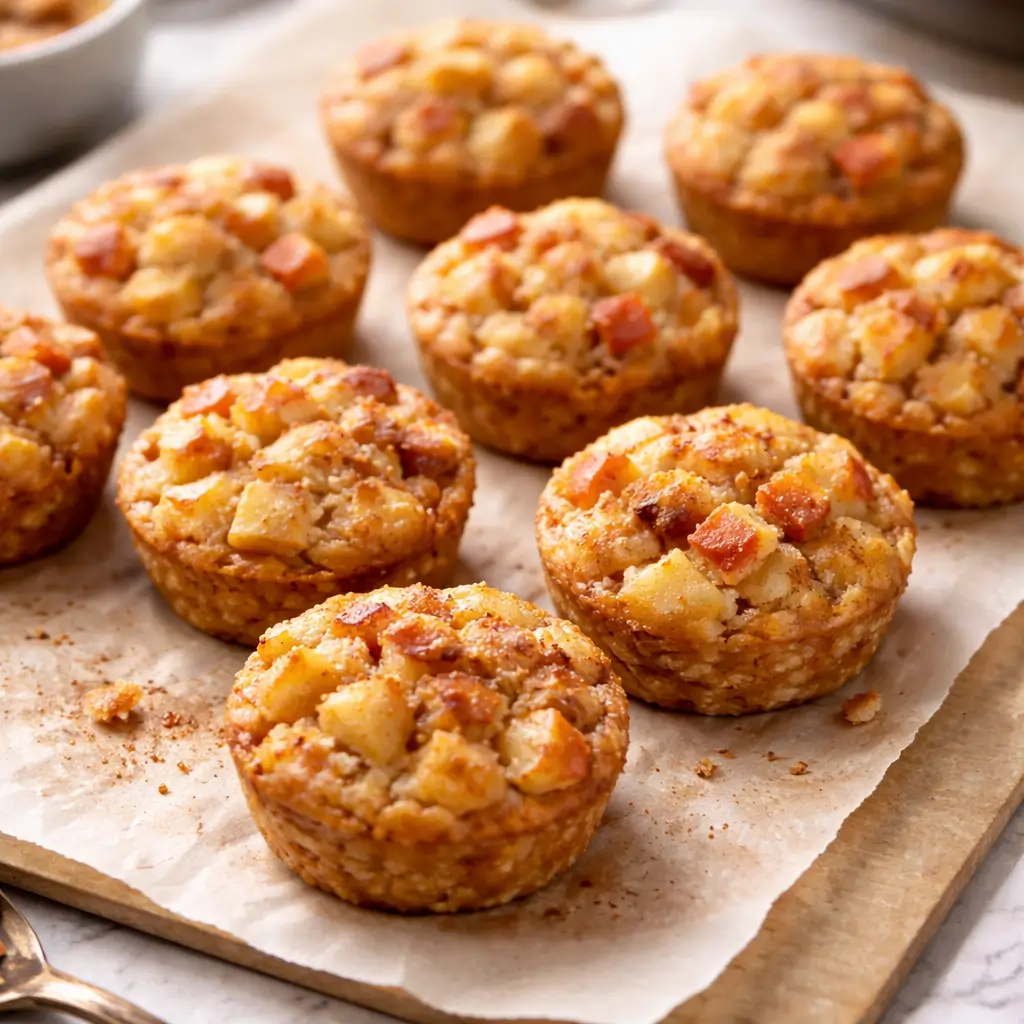 Freshly baked cinnamon apple cottage cheese bites on parchment paper