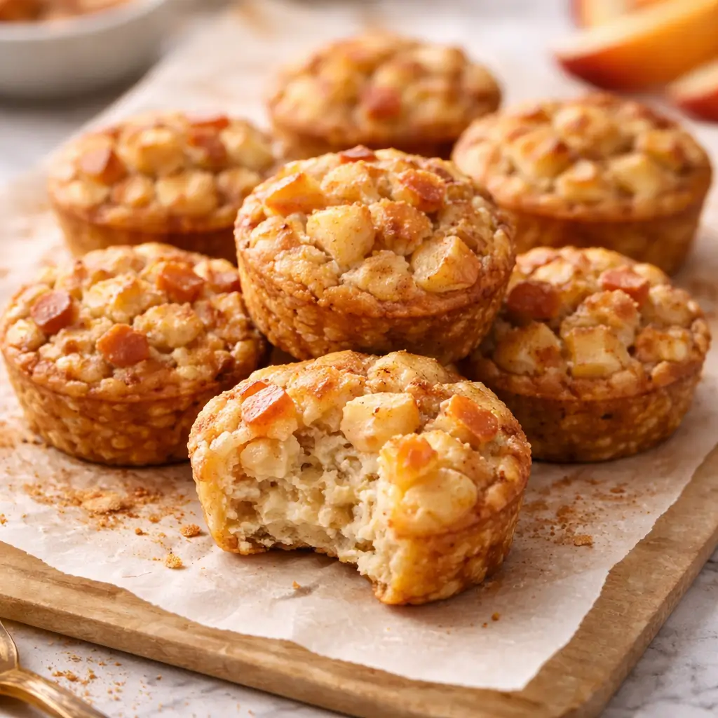 Stacked cinnamon apple cottage cheese bites with one broken open showing creamy apple cinnamon filling