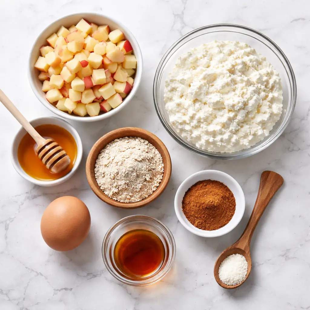 Ingredients for cinnamon apple cottage cheese bites arranged on a kitchen counter