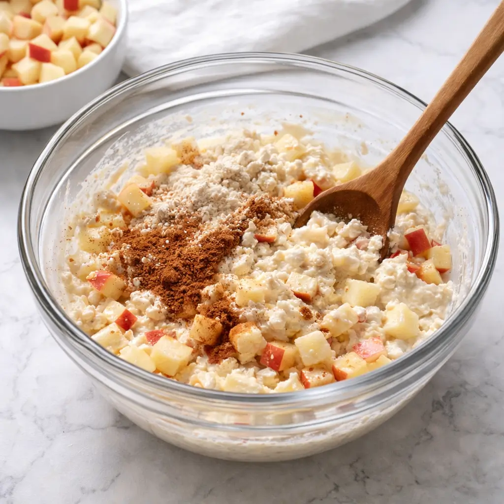 Mixing batter for cinnamon apple cottage cheese bites in a bowl