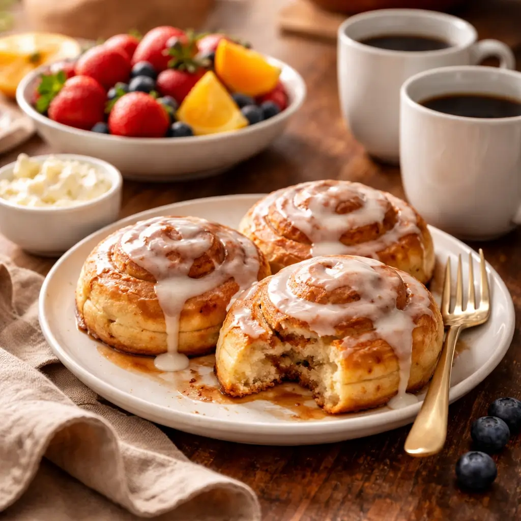Cinnamon rolls served with coffee and fruit for breakfast