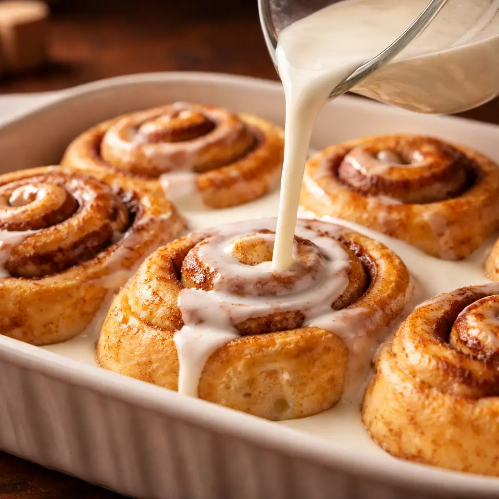 Pouring heavy cream over cinnamon rolls before baking