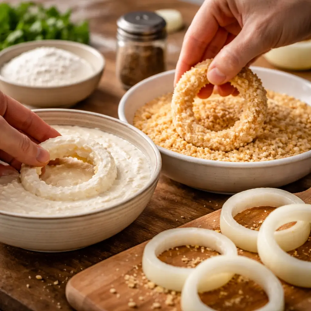 cottage cheese onion rings cooking in air fryer