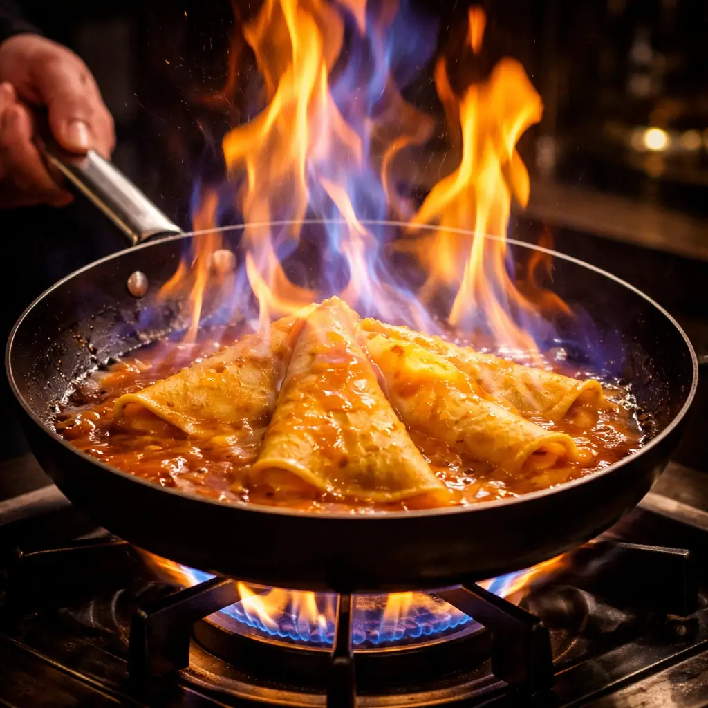 Flambé Crêpes Suzette with blue flame