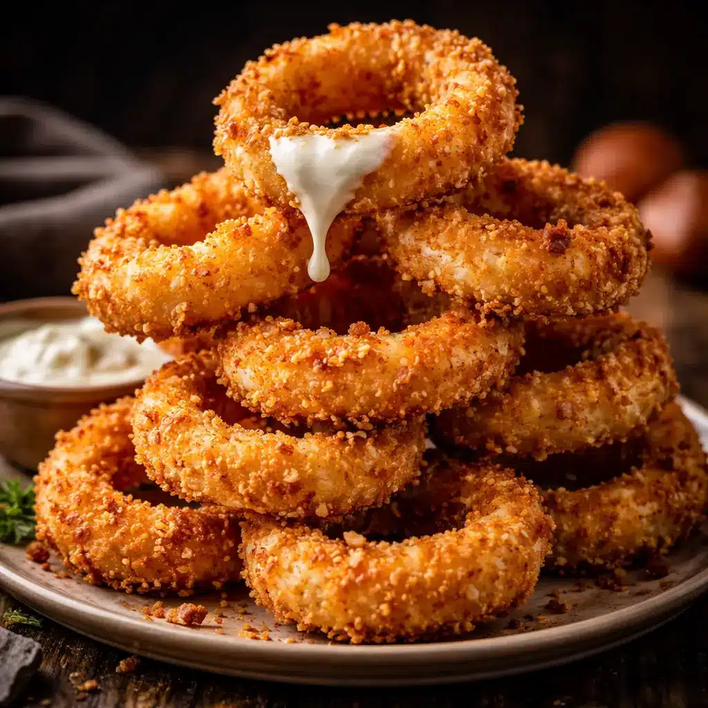 crispy cottage cheese onion rings stacked with dipping sauce