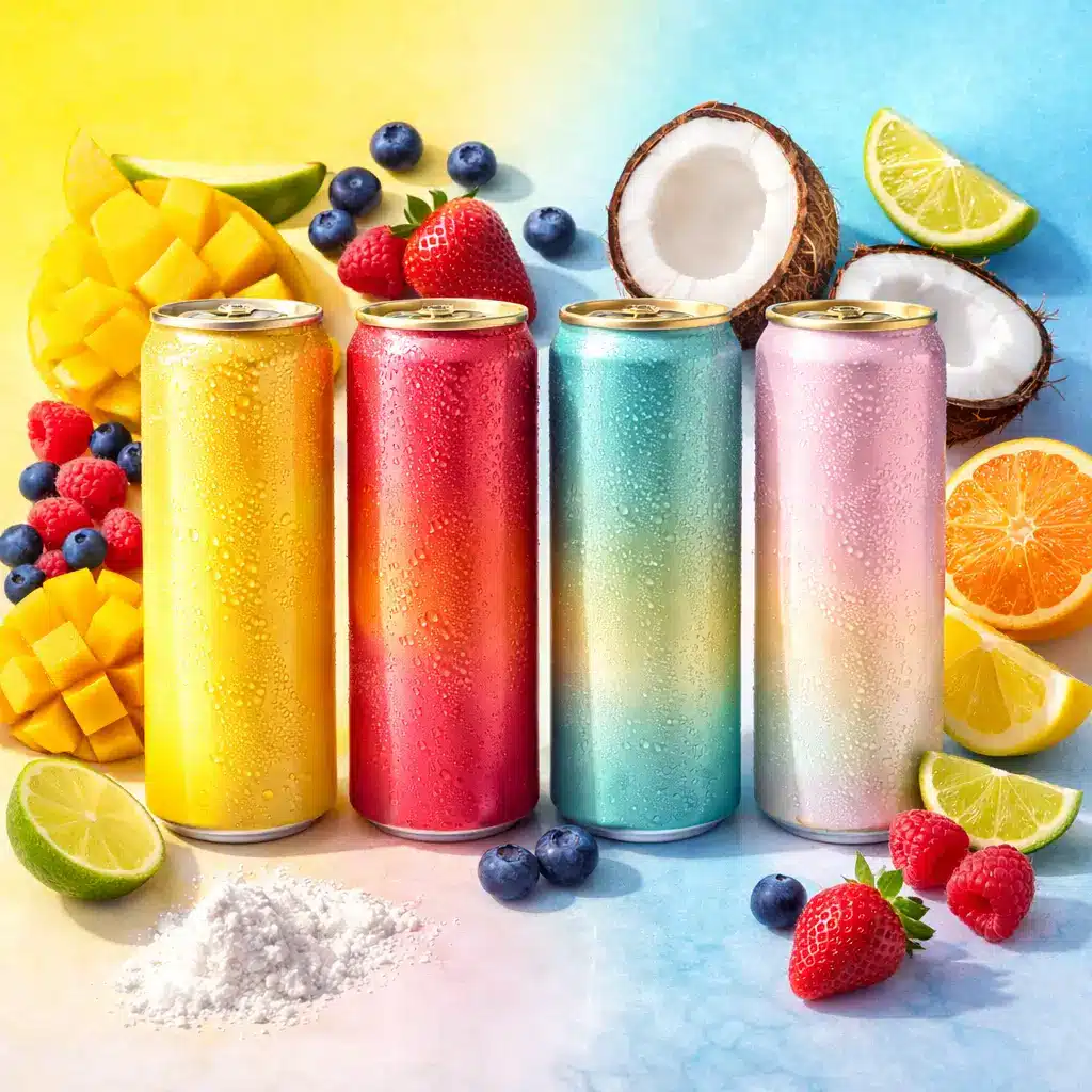 Assorted fruit flavored energy drinks with colorful cans and fresh fruits