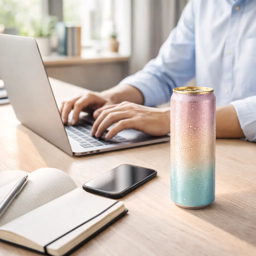 Professional drinking energy beverage while working at desk