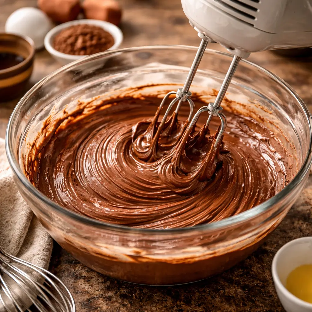 Mixing silky chocolate filling for French silk pie