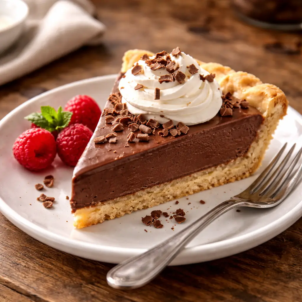 Slice of French silk pie with whipped cream and chocolate curls