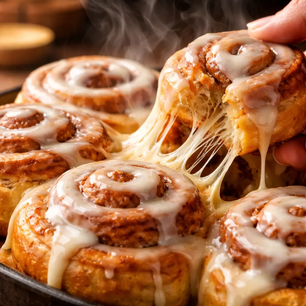 Gooey cinnamon rolls with melted icing being pulled apart fresh from oven